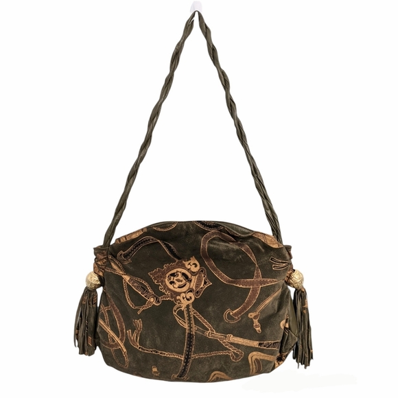 Vintage Park Avenue Olive Green Equestrian Horsebit Embossed Suede Leather Bag - Picture 1 of 12